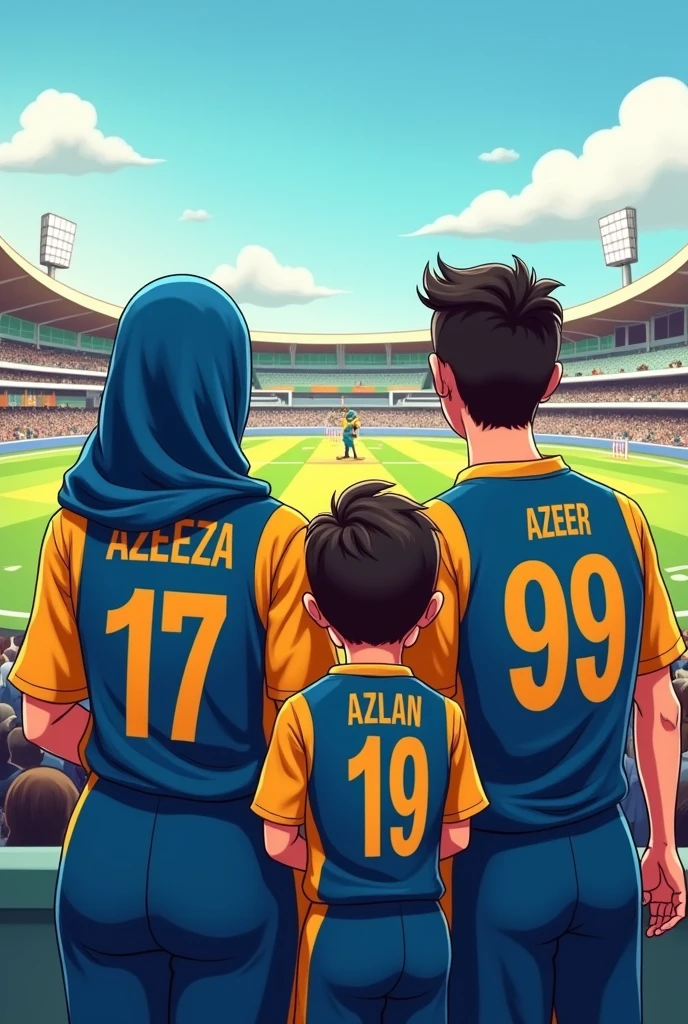 My wife wearing Sri Lanka jersey name written Azeeza need in cartoon pattern, but she should hide hair because she is Muslim, jersey should written back or front name Azeeza ok can you make now my self and wife and my son all together in cartoon pattern watching cricket match in the ground with Sri Lankan t shirts all t shirts should written names, my wife name Azeeza and son name Azlan and my name Azeer