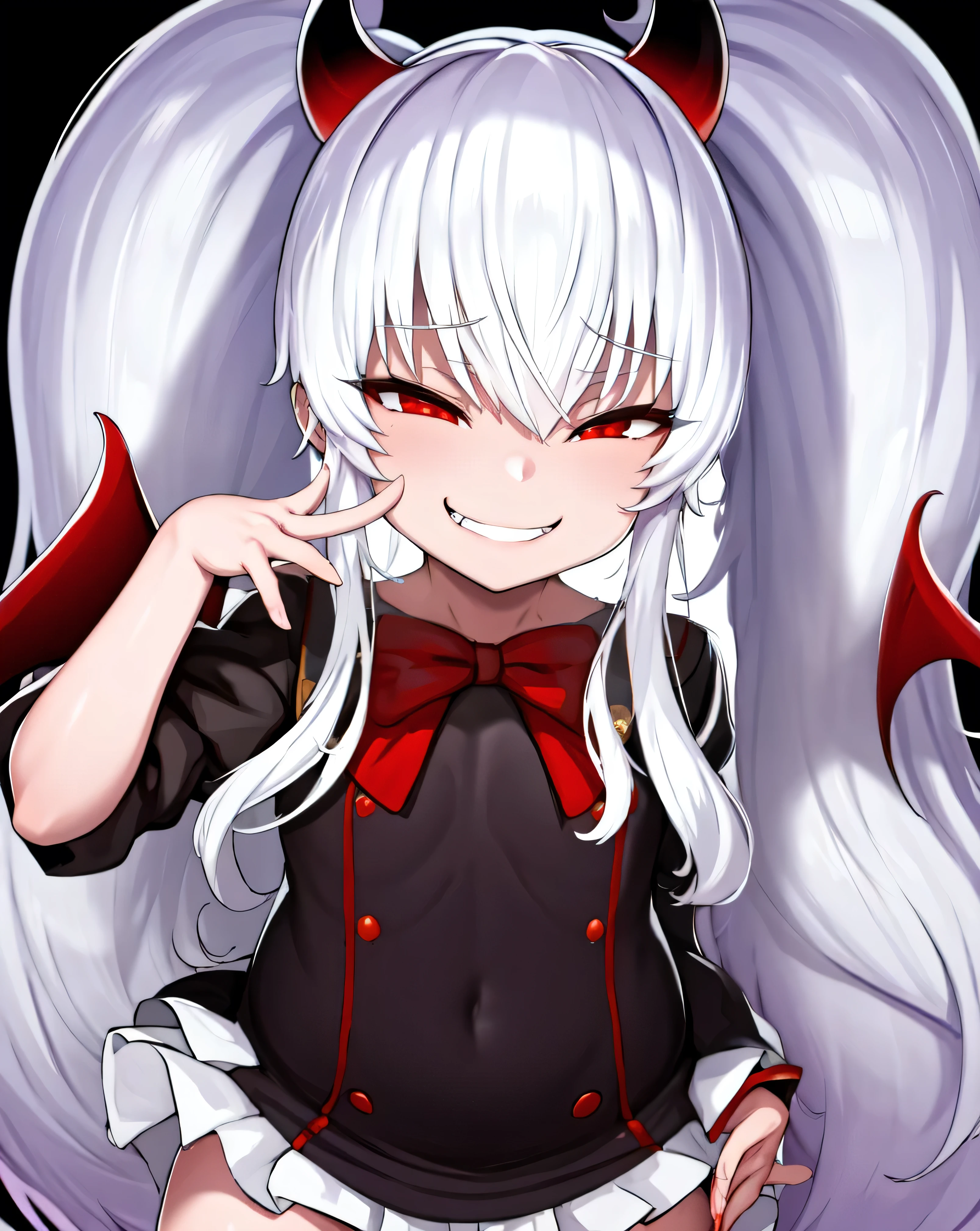 1girl,solo,grim aloe,demon horns, black_dress,standing,cowboy shot,  demon wings, albino,evil smile, naughty face, hand on hip, ojou-sama pose,  sadistic smile,deep shaded face(eyes in shadow),singlebraid,smile worst,worst ridecule,most evil moukery,,onebraid,,two hands,five fingers,dark aura background,A face full of evil,most evil ridicule,黒いセーラー服,oily skin,shiny skin,mesugaki,