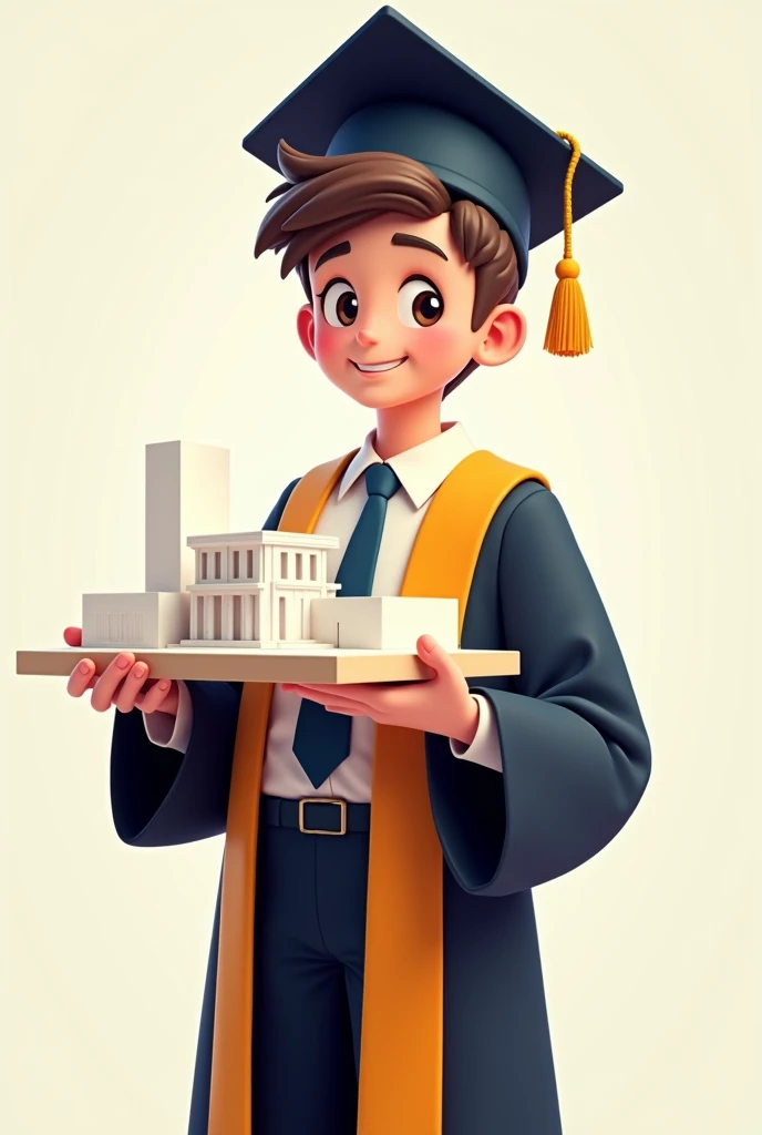 An architect wearing a graduation uniform and holding an architectural
, a 2D cartoon drawing with high detail.