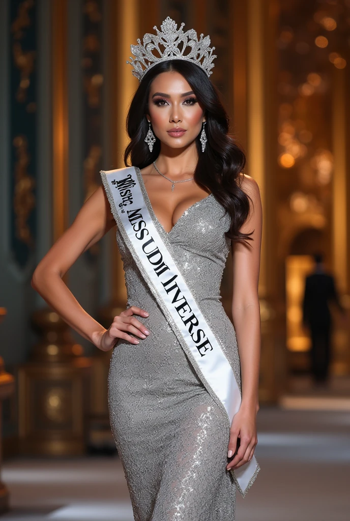 Miss universe, silver long kebaya brookat dress, at miss universe stage, wear crown, elegant, beautiful, 38 C huge boobs, slim, don't smile, sexy vibes. Sharp eyes, cool, bold make up. Sash Miss Universe 2026.
