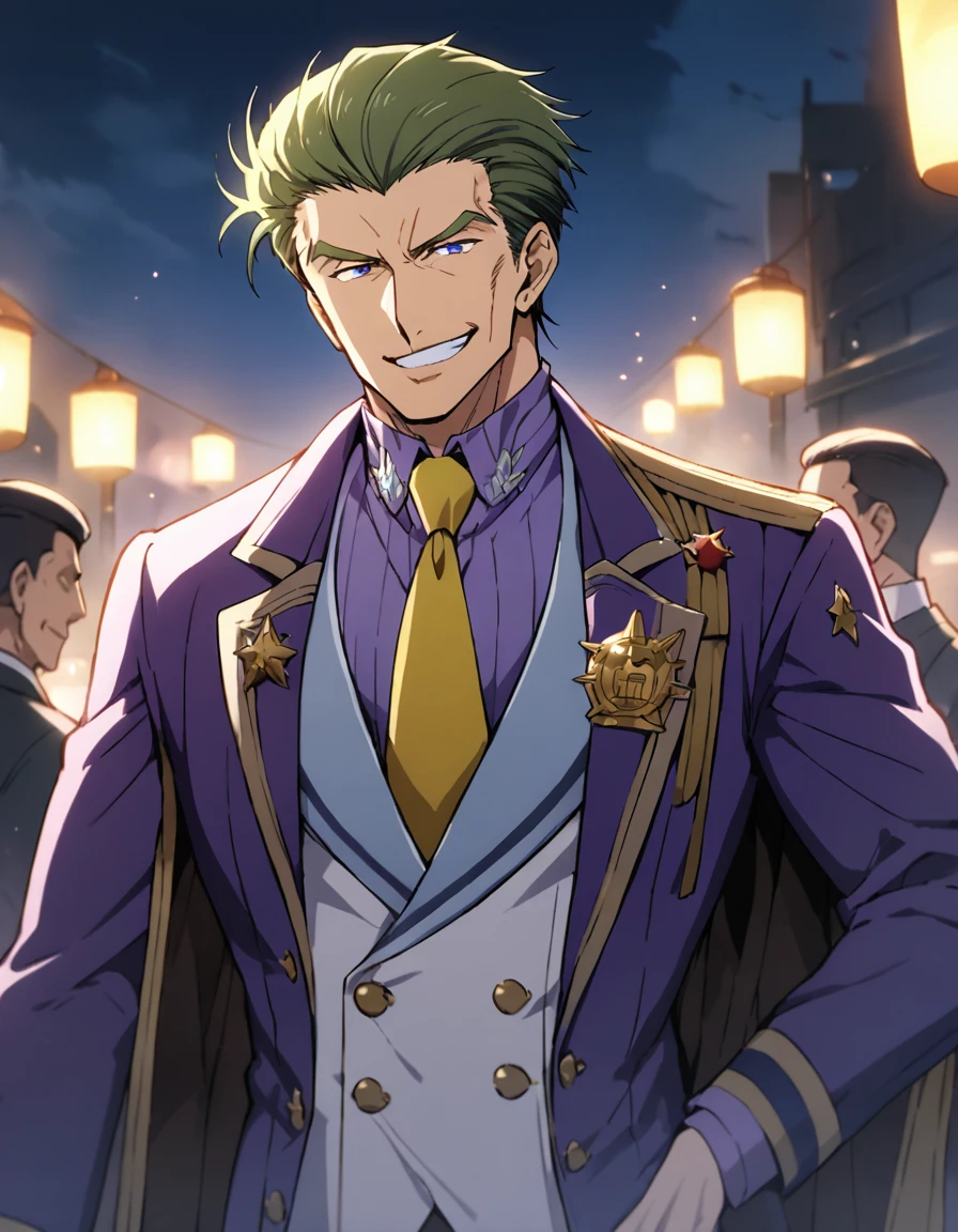 1man, (mature dad in ail-soft style, dandy president, moss olive hair, deepblue eyes, arafed spiky hair slicked back, spiked businessman hairstyle), ideal ratio body proportions, BREAK (over 30s, elder producer, toned dilettante, high cheekbones, broad shoulder, square shaped face, handsome, beautiful detailed eyes, under 40s), BREAK (violet formal jacket, purplewhite shirt, yellow necktie, simple costume), BREAK solo, cool smile, smart emotion, BREAK upperlegs, romantic expression, 2000s, old hentai CG, in Ribahara Aki style, BREAK depth of field, dutch angle, cinematic shadows, cinematic lighting, lens flare, light leaks, texture, absurdres absolutely resolution, extreme all detailed, greatest paint, BREAK masterpiece, best quality, BREAK score_9, score_8_up, score_7_up, source_anime, rating_safe, score_6_up, score_5_up, score_4_up