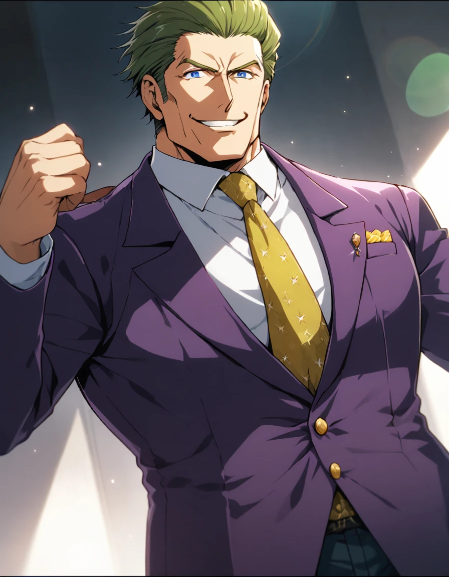 1man, (mature dad in ail-soft style, dandy president, moss olive hair, deepblue eyes, arafed spiky hair slicked back, spiked businessman hairstyle), ideal ratio body proportions, BREAK (over 30s, elder producer, toned dilettante, high cheekbones, broad shoulder, square shaped face, handsome, beautiful detailed eyes, under 40s), BREAK (violet formal jacket, purplewhite shirt, yellow necktie, simple costume), BREAK solo, cool smile, smart emotion, BREAK upperlegs, romantic expression, 2000s, old ?????? CG, in Ribahara Aki style, BREAK depth of field, dutch angle, cinematic shadows, cinematic lighting, lens flare, light leaks, texture, absurdres absolutely resolution, extreme all detailed, greatest paint, BREAK masterpiece, best quality, BREAK score_9, score_8_up, score_7_up, source_anime, rating_safe, score_6_up, score_5_up, score_4_up