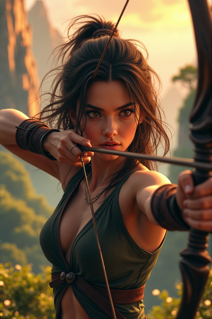 ((1 fille, posture dynamique de l'archer, posture de tir à l'arc détaillée:1.5)), arche complexe, yeux noisettes, mouvement dramatique, silhouette accrocheuse, Cheveux flottants et ondulés, marrons très foncés, concentration intense, muscular physique, texture de peau réaliste, Haute qualité, 8k, Éclairage cinématographique, ombres dramatiques, tons de couleurs chaudes, couleurs vives, fond de paysage fantastique, végétation luxuriante, falaise rocheuse, ciel dramatique, action dynamique, composition saisissante, chef-d'œuvre, Photoréaliste, hyper détaillé