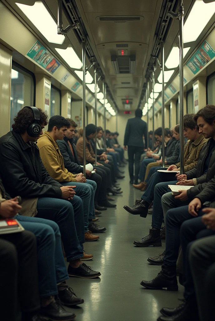 a man sitting in a subway car wearing headphones and holding an LP, and a rock band traveling inside a wagon, ordinary people on the other benches of the carriage. Closed windows