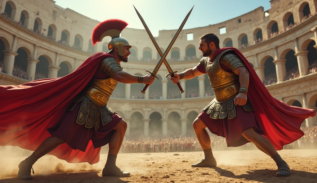  
Two Roman soldiers fighting, inside an arena, inside a coliseum, full of people watching the fight, some cheering, others watching with looks of attention