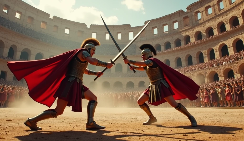  
Two Roman soldiers fighting, inside an arena, inside a coliseum, full of people watching the fight, some cheering, others watching with looks of attention