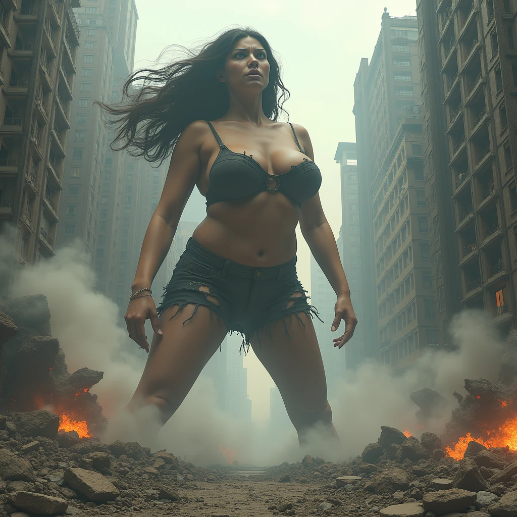 Here is an 8k CG wallpaper based on your feedback: A masterpiece of perfection: a photorealistic depiction of a building-sized giantess, LaChiru, emerging from the ruins of a destroyed cityscape. Her massive, giantess-sized breasts swell from the rubble as she leans forward, legs spread wide, eyes intently fixed on the viewer. In extreme close-up, her face is contorted in shock and horror, with clouds of debris and dust swirling around her. With one arm outstretched, she pushes a building aside, while the other squeezes her chest, causing nearby buildings to collapse and explode. The city's 40-story skyscrapers crumble beneath her massive, bare feet, as her loose black hair hangs wild. Her shredded clothing reveals torn bra, as her hips topple buildings and debris cascades down her back. In the distance, small buildings and rubble hide his hands, while the skin of his chest leaves an indelible mark on the ruins. This is LaChiru's official masterpiece., (SFW photo)