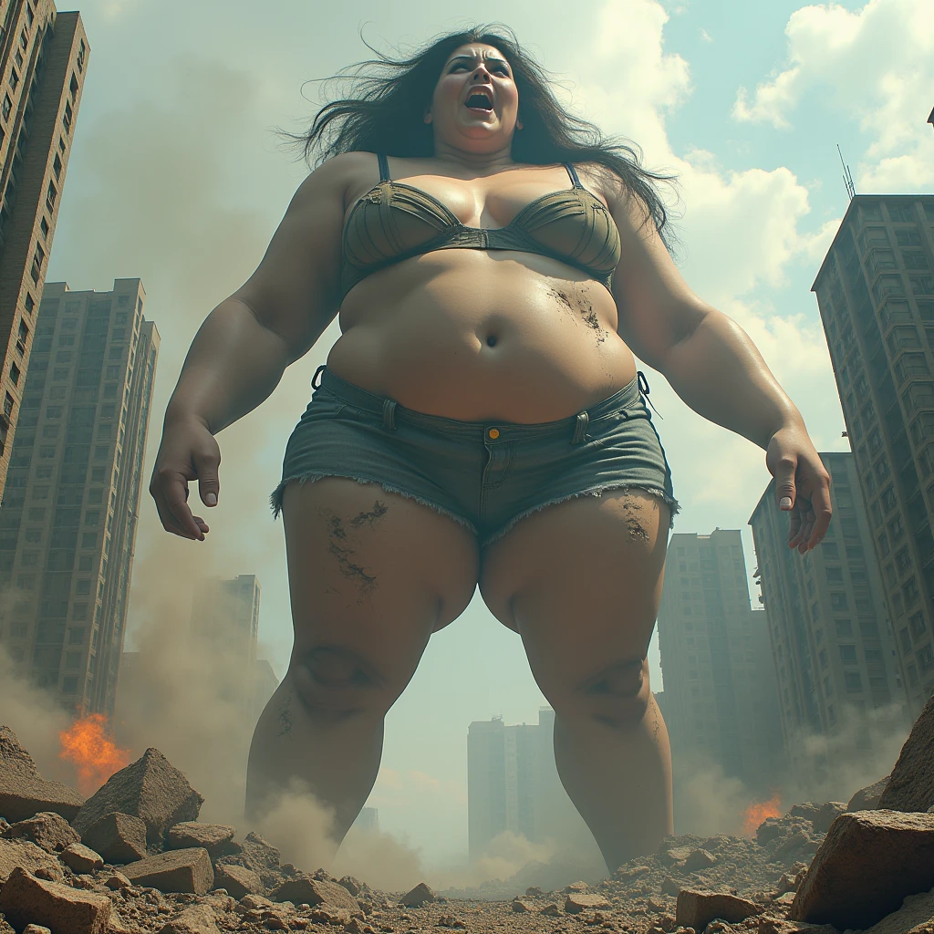 Here is an 8k CG wallpaper based on your feedback: A masterpiece of perfection: a photorealistic depiction of a building-sized giantess, LaChiru, emerging from the ruins of a destroyed cityscape. Her massive, giantess-sized breasts swell from the rubble as she leans forward, legs spread wide, eyes intently fixed on the viewer. In extreme close-up, her face is contorted in shock and horror, with clouds of debris and dust swirling around her. With one arm outstretched, she pushes a building aside, while the other squeezes her chest, causing nearby buildings to collapse and explode. The city's 40-story skyscrapers crumble beneath her massive, bare feet, as her loose black hair hangs wild. Her shredded clothing reveals torn bra, as her hips topple buildings and debris cascades down her back. In the distance, small buildings and rubble hide his hands, while the skin of his chest leaves an indelible mark on the ruins. This is LaChiru's official masterpiece., (SFW photo)