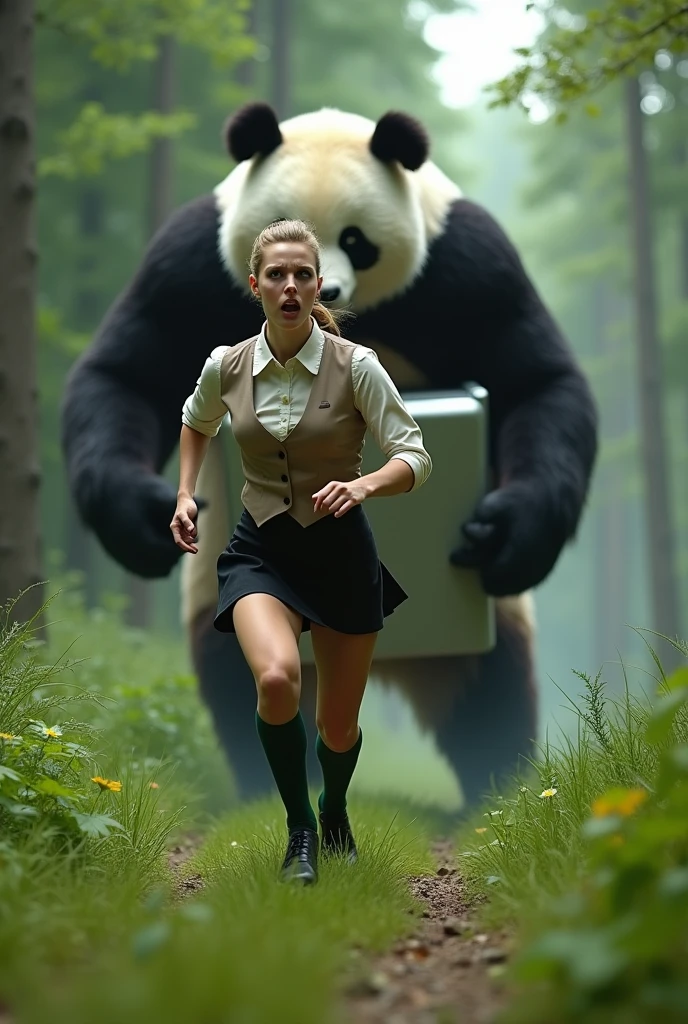 ((Highest quality)), ((Pigeon-headed woman)),  ((Giant panda holds up a refrigerator with both hands)), (Angry Giant Panda), A giant panda chases after you, Pigeon-headed womanが全力で走って巨大パンダから逃げている, Pigeon-headed womanがオフホワイトで襟付きの半そでシャツに薄茶色のベストを着てひざ丈の黒いスカートに濃い緑の靴下と黒の靴を履いている, 筋肉質なPigeon-headed woman, The background is a grassy forest, ((horror movie posters)), Photorealistic images,