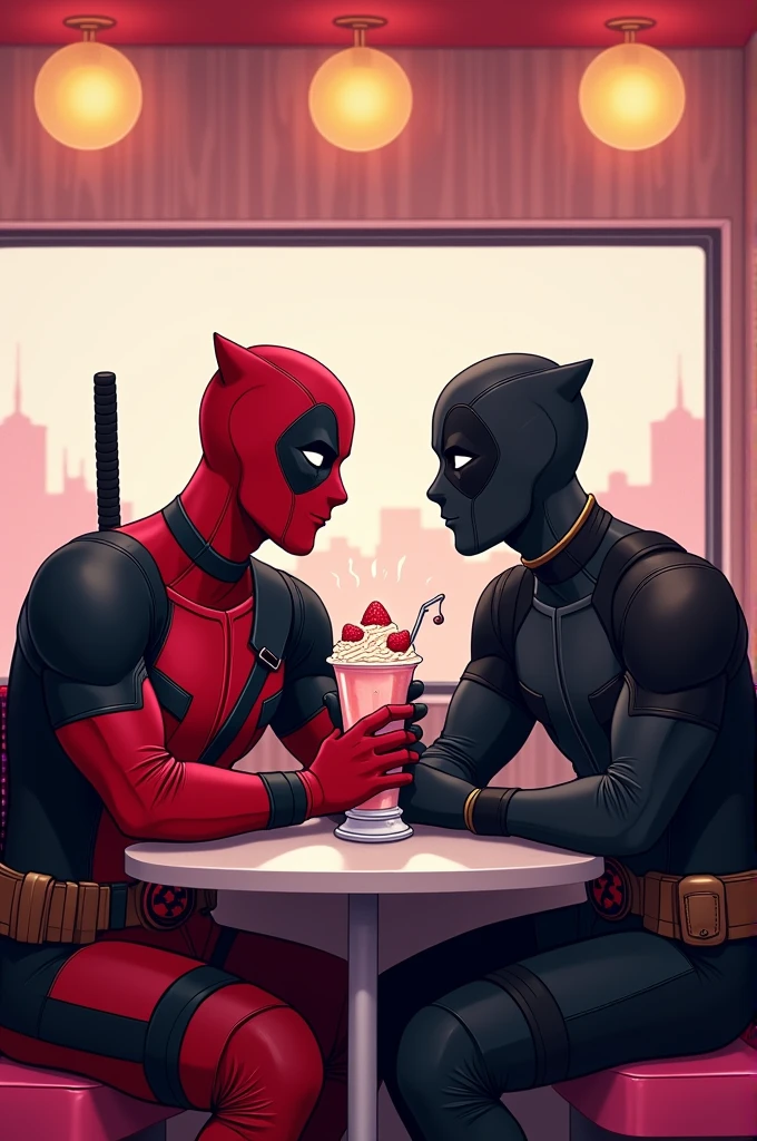 Deadpool e black noir (the boys) having milkshake together in a cute diner. The two characters drink strawberry milkshake