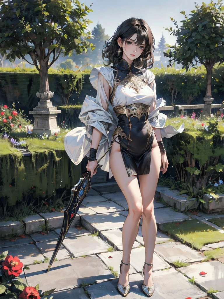 absurdres, RAW photo, extremely delicate and beautiful, masterpiece, Highest Quality, ultra high resolution, 32k, hyperrealistic, realistic, photorealistic, photo-realistic, Real, ultra-detailed, Very detailed CG 8k wallpaper, detailed background, landscape, Beautiful Lighting, Perfect Lightning, Realistic Shadows, perfect anatomy, anatomically correct, ideal ratio body proportions, perfect figure, Perfect Style, Perfect balance, super Detailed skin, 20 years old, very Slim body, narrow waist, very small head, very small face, delicate facial features, handsome detailed woman, very detailed eyes and face, realistic face proportions, Realistic beautiful face, Realistic beautiful eyes, tearful mole, earring, full body shot, whole body shot, very huge round tits, medium hair, asymmetrical hair, wavy hair, leg, thigh, knee, Beautiful assassin, Thin legs, Sexual, garden, camellia, armor,