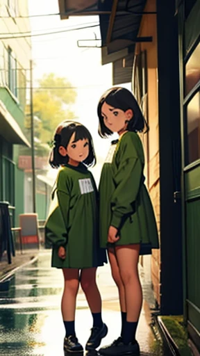 Twin girls in green clothes