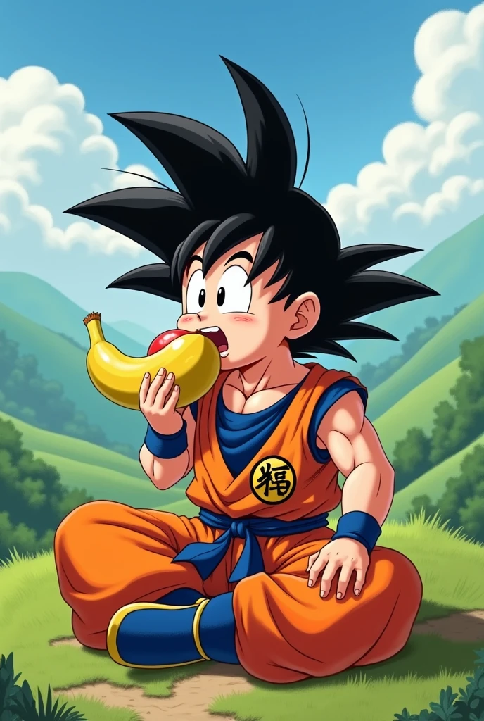 Goku eating a banana made from an apple