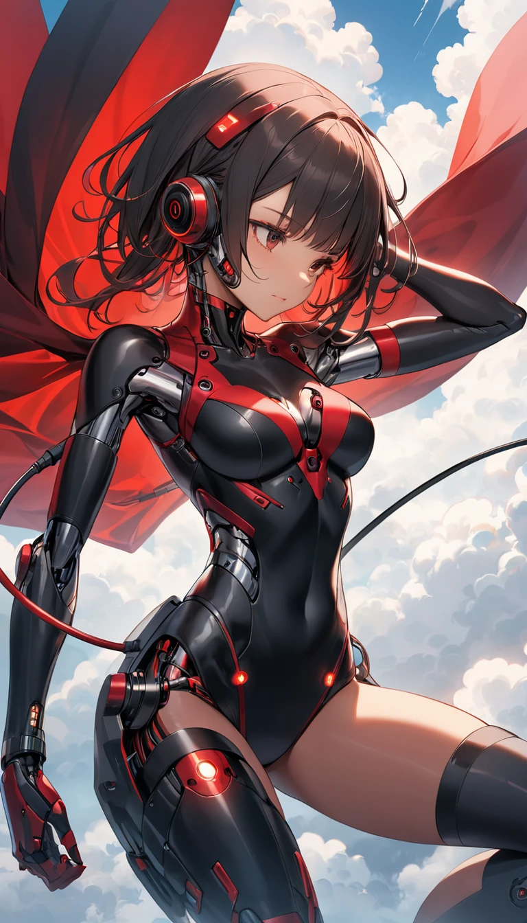 Red and black cyborg woman plugging into the cloud.