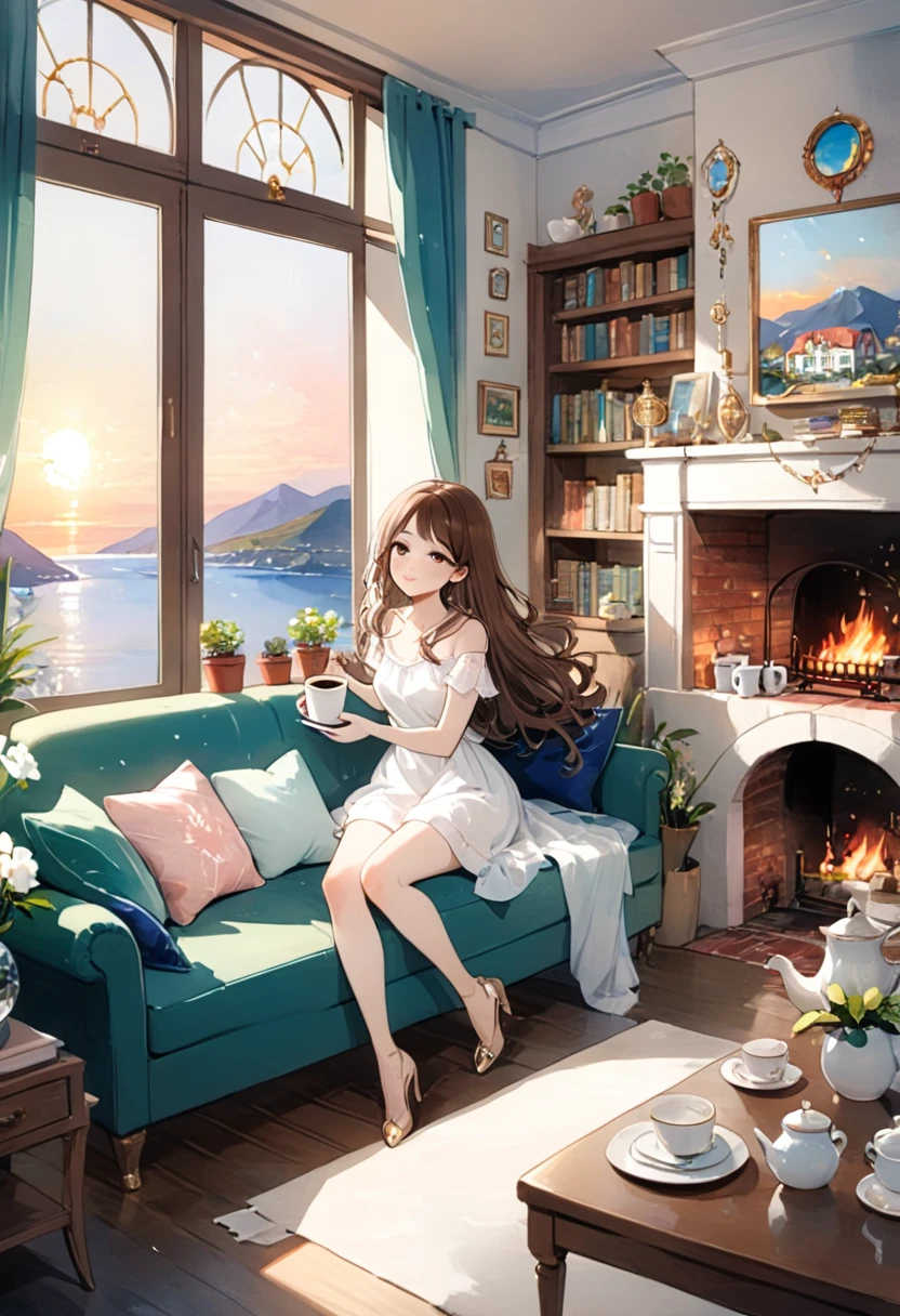 ((1girl)), beautiful woman, long hair, brown hair, drink coffee, ((full body)), A masterpiece, an exquisite view from a large window, shelves with books, watercolor paintings, paintings on the walls, a fireplace, chic furniture, gold elements, figurines, pots look at window, cups, plates, crystal, a chest of drawers, a sideboard with a variety of books, dishes, a dreamcatcher, a neon garland, a multi-colored garland, highlights, an exquisite interior, a view from the window, a bridge, the sea, mountains, sunset, a city, neon light, night, a bed, a sofa, pillows, sconces, flowers, daylight, bright room, illuminated room, lots of light, flower pots,