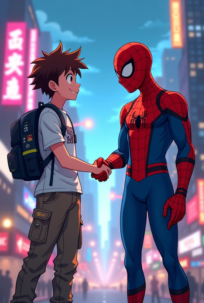 Create a gamer anime boy image shaking hands with spider man 
