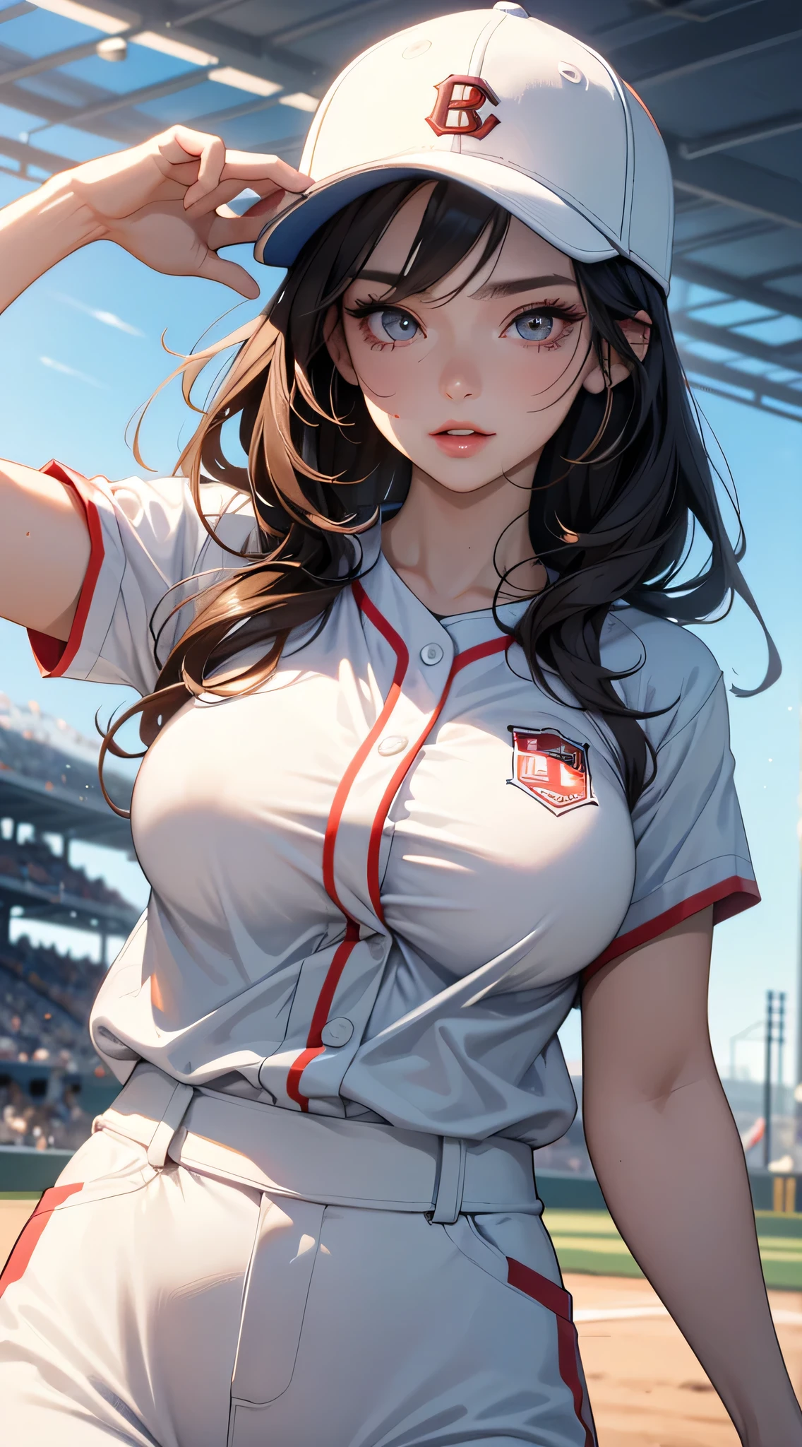 (Detail of a very beautiful face), (best quality:1.4), 8k resolution, high resolution, 1 woman, Beautiful woman, best beauty, Super beautiful detail face, Smooth skin, Beautiful eyes are not meticulous, Delicate skin texture, lip gloss, lips open, Japanese, Baseball uniform, Baseball cap,, Large Breasts, Thin waist, Big Ass, Play baseball, baseball field, Sweating all over, Work up a sweat, sports, jump, Dynamic poses,hand details(1.5)