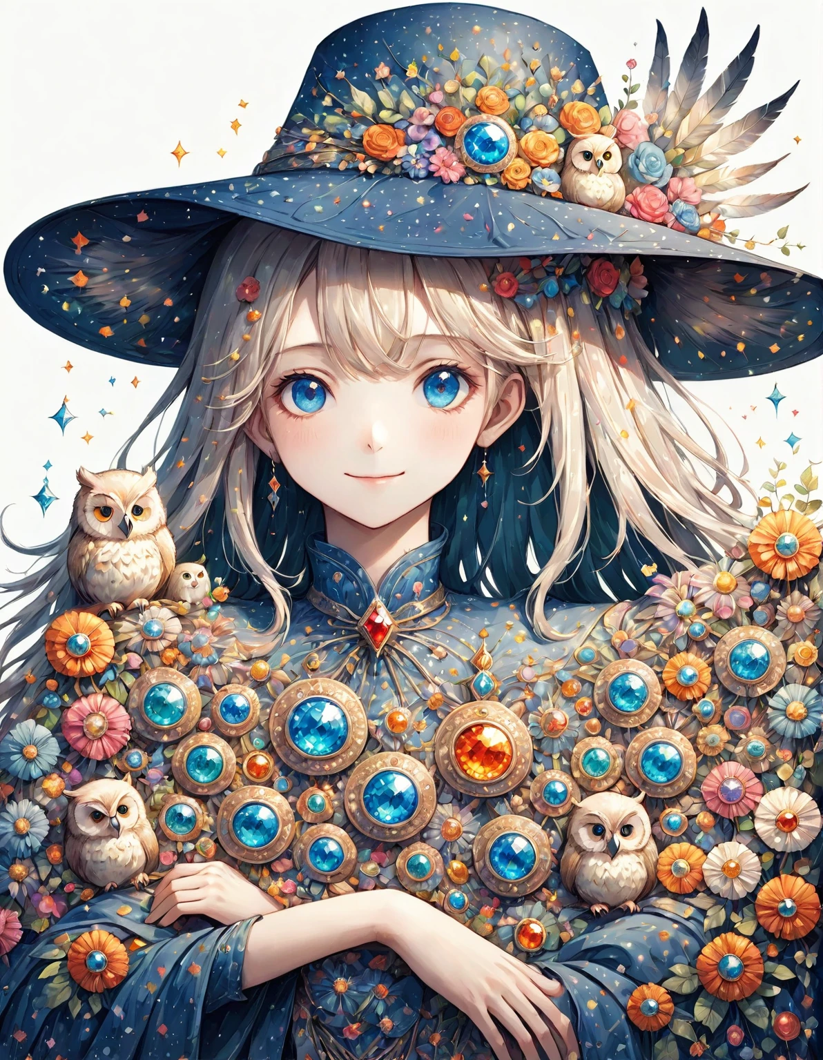 Highest quality、High resolution、(Beautiful face in every detail:1.4)、(Draw a picture to fit on the canvas:1.5)、Carefully draw your hands、Delicate hands、Elaborate hands、Anatomically correct、(Normal number of fingers:1.2)、(Highly detailed face)、Detailed eyes、大people、20Age、Perfect body line、Stand in the center、so beautiful、 (((Blank Background:1.5, No background:1.5, Background white:1.5)))、1people、(Upper Body:2.0)、woman、(smile:1.5)、Halloween、witch、The hat is very small、(deep blue:2.0)、(Medium-long straight hair:2.0)、(witchの帽子:1.5)、(owl1羽:2.0)、(1羽のとても大きいowl:1.5)、(owl1Being with the feathers:1.5)、(owlはwomanの体の手か前腕にとまってる:1.5)、(The hat only has flowers on it:2.0)、There are lots of flowers on the hat、Unexposed clothing、(リアルなowl:1.5)、まるで写真のようなowl、Change the design of the clothes、(Victorian dress:1.5)、Robe、Do a different pose、Blue clothes、(There is a big jewel on the hat:2.0)、Remove extra fingers、胸元にowlが止まっている、owl消さないで、(Arms crossed:1.5)、Change the design of the jewel on the hat、Arrange the whole、
