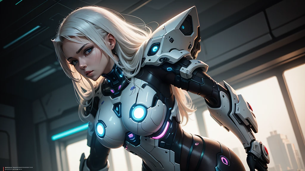 (1 female bodybuilder: 1.37),(), masterpiece, best quality, illustration, Super detailed, Fine details, high resolution, 8k wallpaper, Perfect dynamic composition, 1 Girl, Beautiful and delicate eyes, Natural lips , Mechanical fuselage, High-tech special suits, Average breast: 1.25, Lovely look: 1.3, White skin, White skin, Oily skin, Glowing skin, Texture, bule, white hair, Silver Hair, Side hairstyle, whole body, whole body, Background extremely detailed city suburbs.
