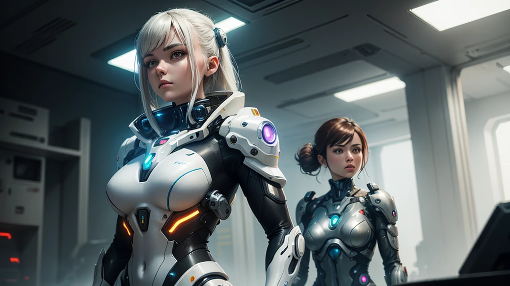there are three robots that are standing in a row, beautiful alluring female cyborg, hr giger. 8 k, perfect cyborg female, beautiful female cyborg, movie still of aztec cyborg, female cyborg in data center, cyborg goddess in cosmos, movie still of a villain cyborg, ultra detailed female android, in metal hurlant, still from alita, beautiful cyborg woman --auto --s2