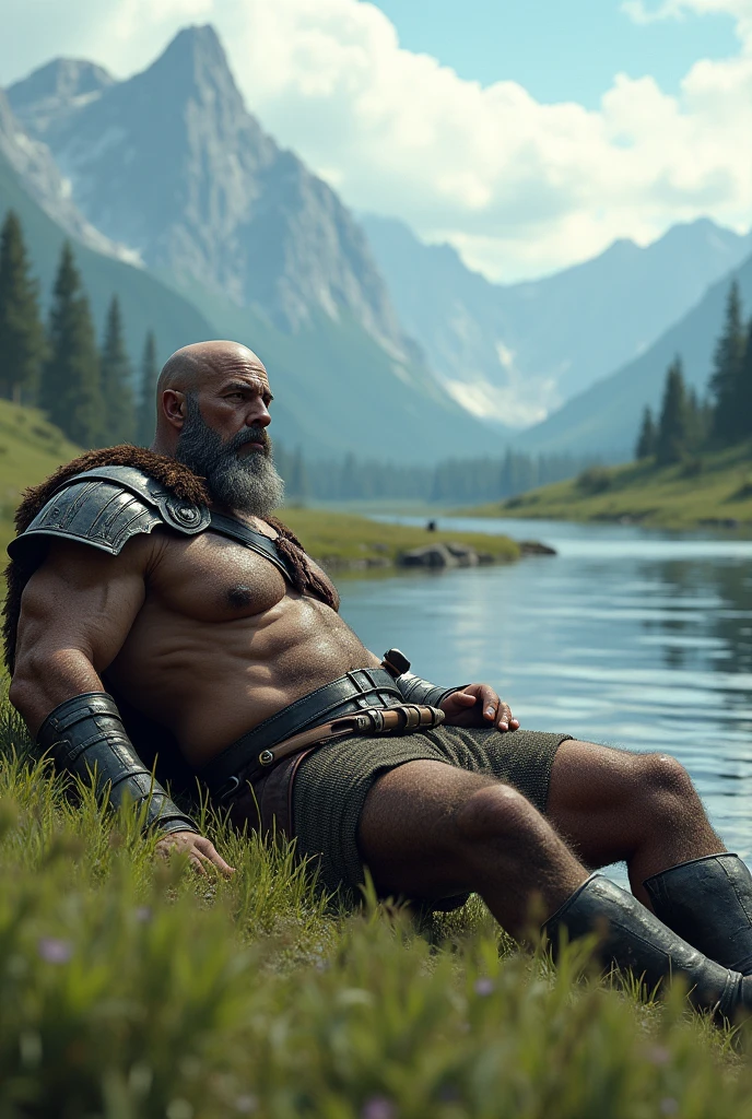 a warrior man lying on the grass next to a river of running water with mountains in the background of the landscape