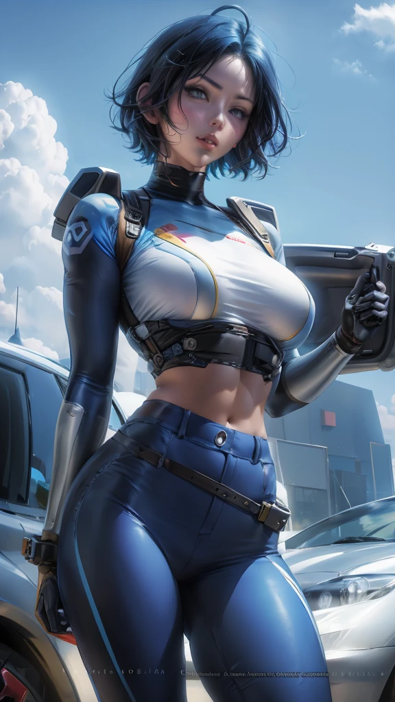 Future Technology,Technology Corridor,gundam driver,Japanese Girls,Blue short hair drifting,Big breasts,Blue driver&#39;s tights,blue coat,One hand on waist,8k,Super detailed,Fantasy special effects