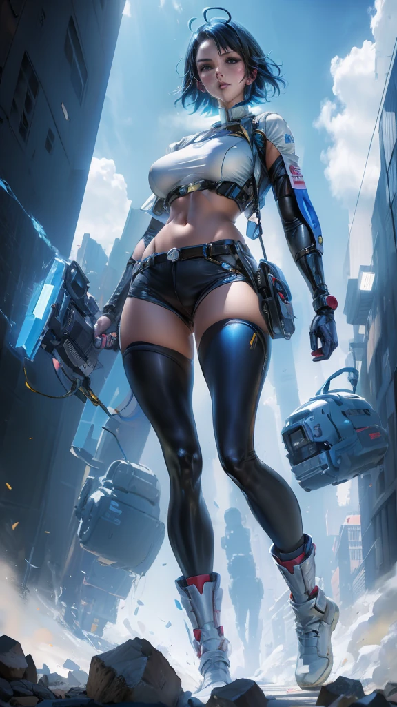 R-MK style artwork of a naked woman (with robotic limb, hyper breasts, giant ass, impossibly small waist, hourglass figure) getting caught and killed by tall robots