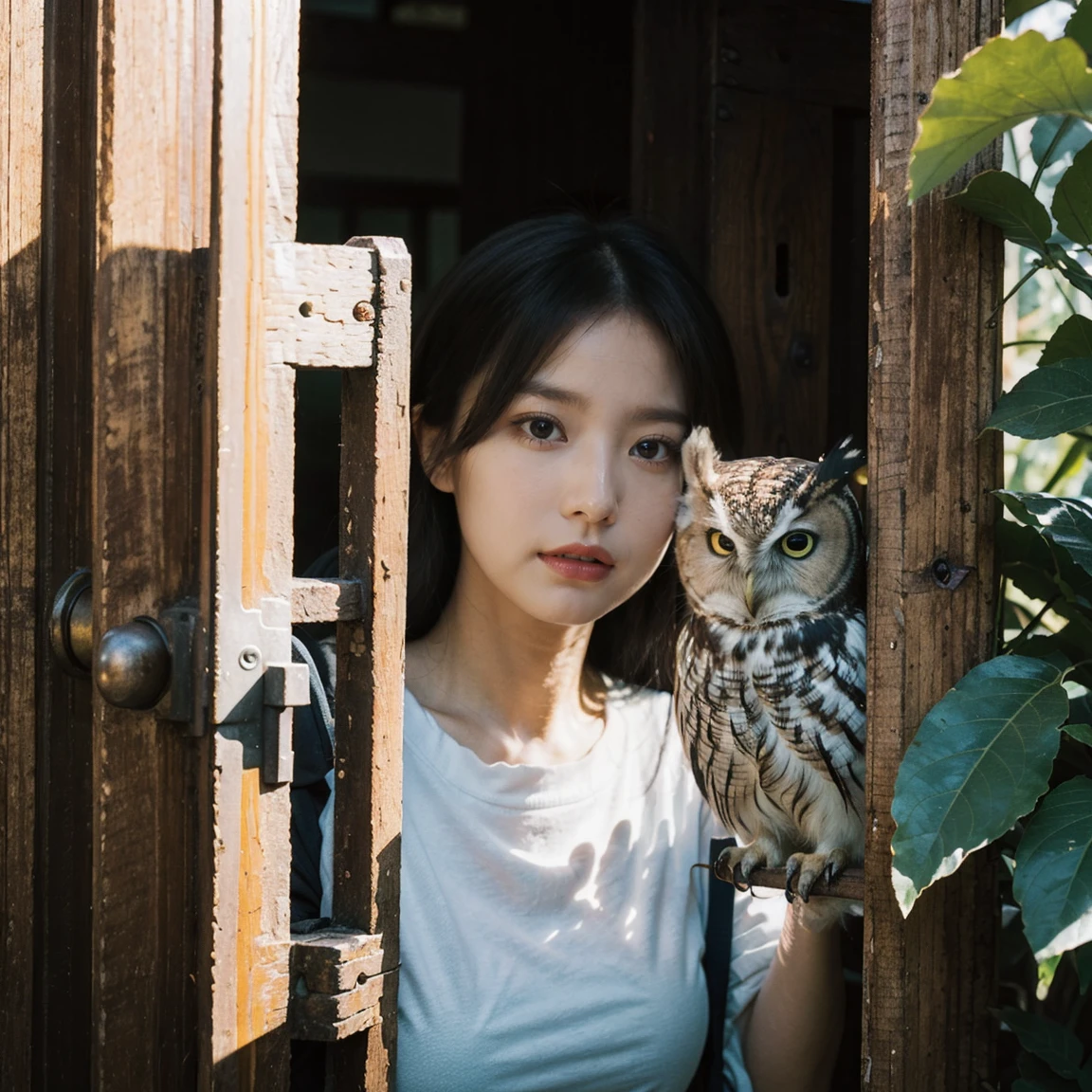 ((Top Quality)), ((Masterpiece)), ((Details)), upper body, (big eyes: 1.2), ((close-up: 1.2)), More Saturation, strong reflections, bright shade, Place the girl in the foreground at large, ((Surrealism: 1.3)), secret door, guard dog, owl, girl, "In the heart of an overgrown forest, a girl discovers a secret door hidden within the roots of an ancient tree. A vigilant watchdog guards the entrance, while an owl perches silently above, its keen eyes reflecting the mysteries beyond the door."