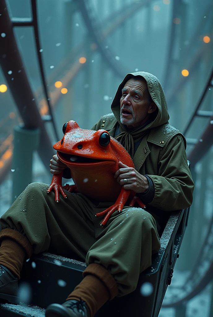 a beggar, wearing worn and torn clothes, is riding a roller coaster at night, under a heavy snowfall. He is in the middle of swallowing a big red frog, with the mouth wide open and the frog partially inside. The surrounding scenery is of steep, curved roller coasters., with the snow falling heavily, reflecting the park's artificial lighting. The beggar has an expression of surprise or fear, highlighted by the dim lighting and shadows that the snow and night create in the environment.