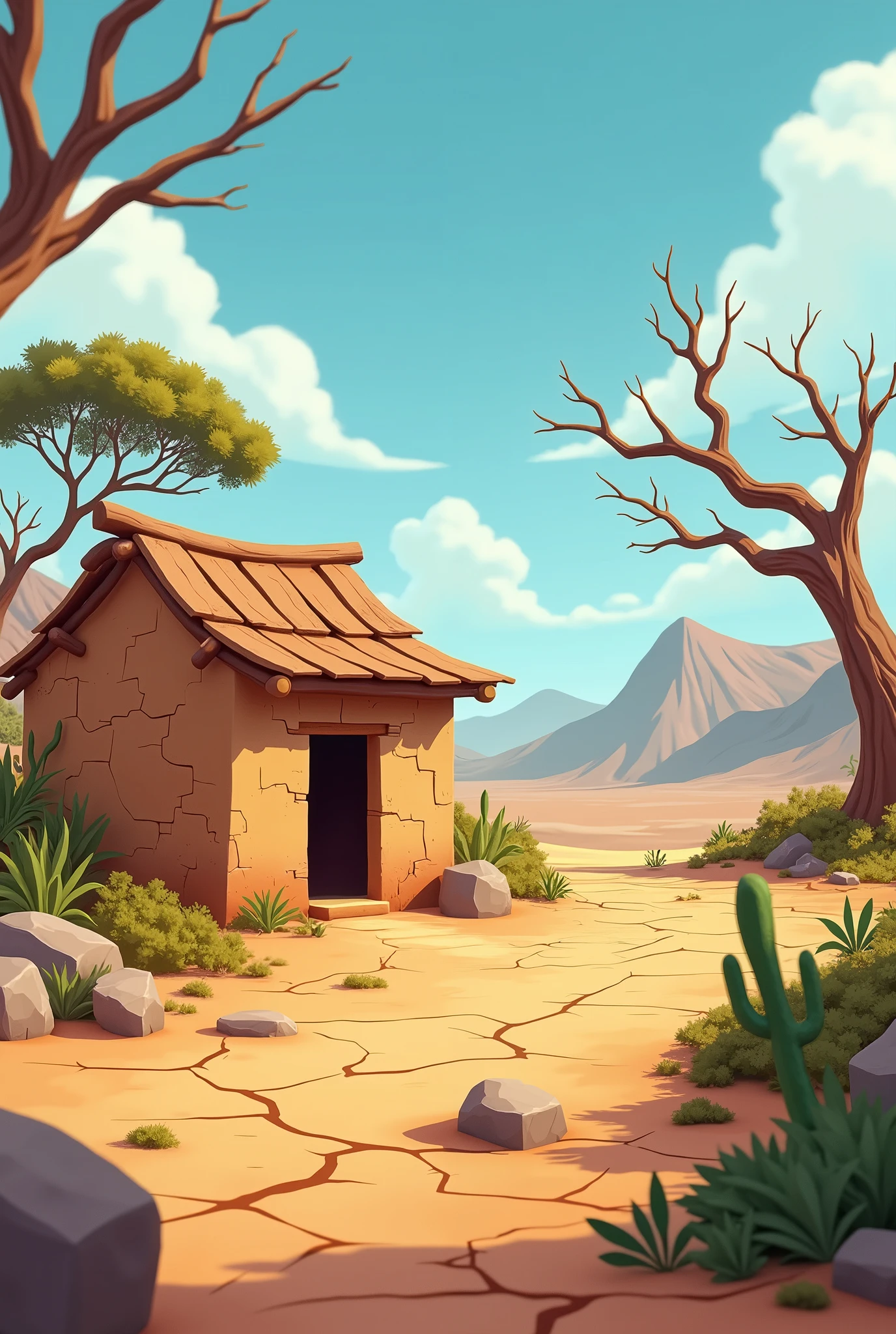 Scenario:
The setting should be a stylized landscape of the caatinga of the Brazilian Northeast, seen from side. The ground is dry and cracked, with small bushes and cacti drawn in a cartoonish way. The mud house, also in side view, has cracked mud walls and an aging thatched roof. Ao fundo, there are dry, twisted trees and rocky hills, all designed to create depth in the 2D scene.
This image must be wide enough to cover the entire game screen., creating a complete and immersive environment. There must be no animals present in the image., just the character and the caatinga scenery.