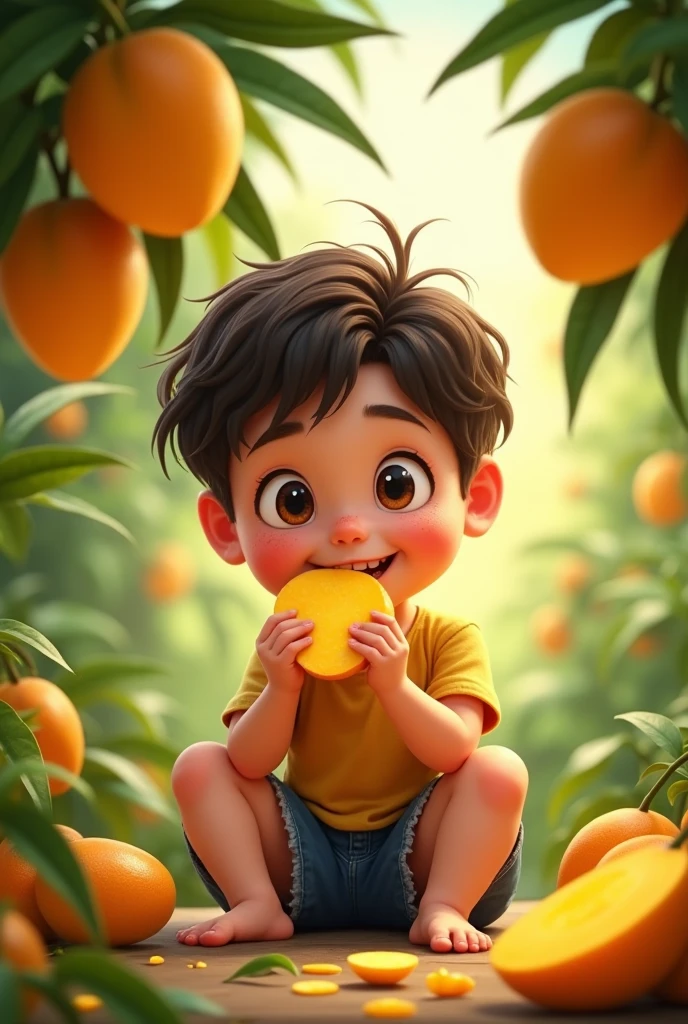 A boy eating mangoes