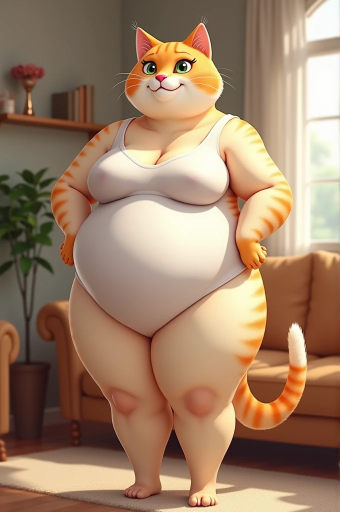 female cat has big chest and big thighs wearing white clothes standing on two legs with living room background