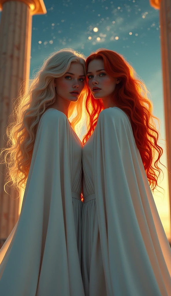 (masterpiece), (Highest quality), Photorealistic, Raw photo, Realistic, Cinematic Light, Very beautiful twin goddess sisters, Blonde and red hair, White Cape, Staring at the camera with moist eyes, Greek Temple , Under the Gemini Stars 