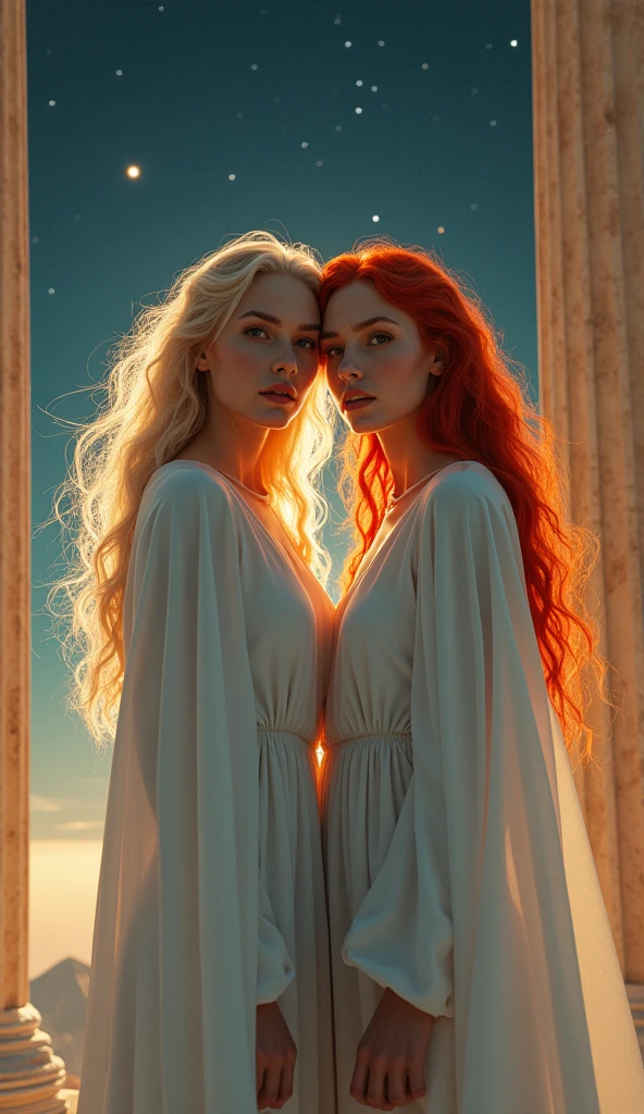(masterpiece), (Highest quality), Photorealistic, Raw photo, Realistic, Cinematic Light, Very beautiful twin goddess sisters, Blonde and red hair, White Cape, Staring at the camera with moist eyes, Greek Temple , Under the Gemini Stars