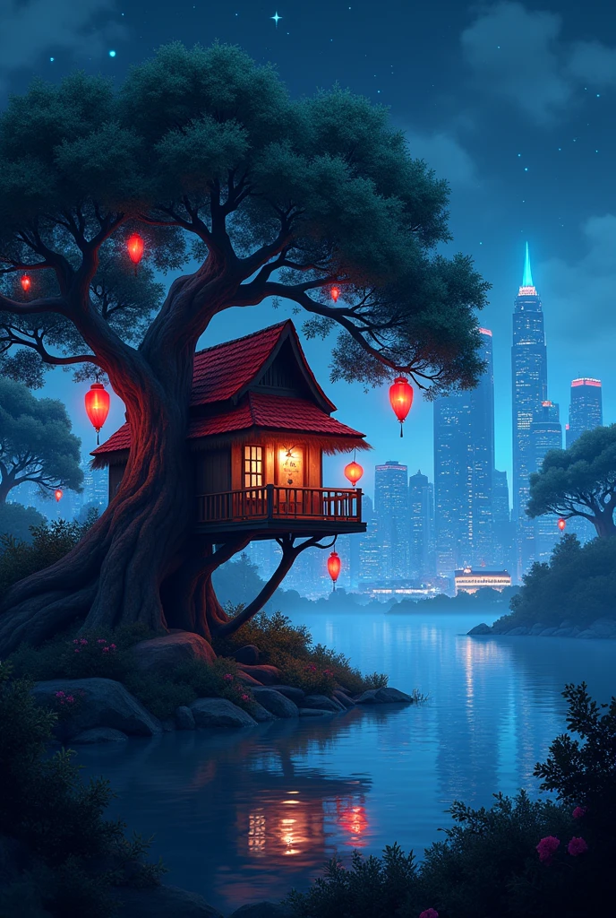 (photorealism:1.2), The image is a digital illustration of a city skyline at night. The sky is dark and so much starry sky , and the city is lit up with blue vibrant lights. In the foreground, there is a treehouse with a red roof and a balcony overlooking a body of water. The treehouse is surrounded by trees and bushes, and there are red lanterns hanging from the branches. The water is calm and reflects the lights of the city, creating a beautiful and serene atmosphere. The buildings in the background are tall and modern, with skyscrapers and other structures visible. The overall mood of the image is eerie and mysterious.