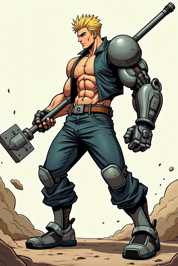 Make a full body adult male about 2 with short blonde hair that sticks up straight with a robotic right arm and a normal left arm holding a metal club manga art style 