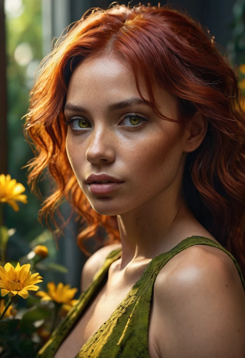 A woman, sensual, she is an adult, red hair styled with gel, (((a woman with red hair 1.7)))(((very beautiful))), perfect faces, she is surrounded by yellow flowers in her room, dark and cool palette, moss green dress that fits her body, yellowish eyes, 8K, modest clothing, extremely detailed, lips shining with colorless gloss, (high quality, realistic, photorealistic: 1.37), ideal proportions and dark skin (brown black skin) (DARK SKIN )) (BLACK SKIN) defined, meticulously crafted features, unapproachable beauty, perfection, artistic art, vivid realism, hyper-detailed sculpting, realistic shapes, truly inspiring, impeccable craftsmanship, pure brilliance, ethereal beauty, delicate contours, striking poses, sublime beauty, subtle nuances, dynamic compositions, vibrant colors, perfect lighting, moving expressions, heavenly aura, majestic presence, dreamlike atmosphere, unmatched high level of detail, high-octane rendering in artstation, photography 8k art, photorealistic concept art, volumetric cinematic soft natural light, chiaroscuro, award winning photography, fine art, oil on canvas, beautiful, detailed, intricate, insane
