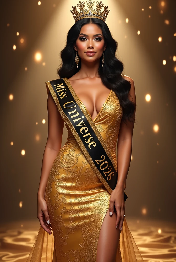 Miss universe, gold long kebaya brookat dress, at miss universe stage, wear crown, elegant, beautiful, 38 C huge boobs, slim, don't smile, sexy vibes. Sharp eyes, cool, bold make up.  Sash Miss Universe 2026. 