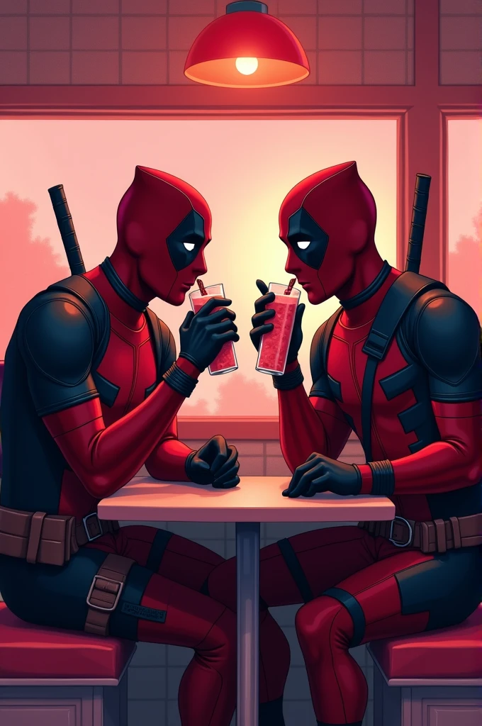 black noir (the boys) and deadpool drinking milkshake together in a cute diner. The two characters drink strawberry milkshake