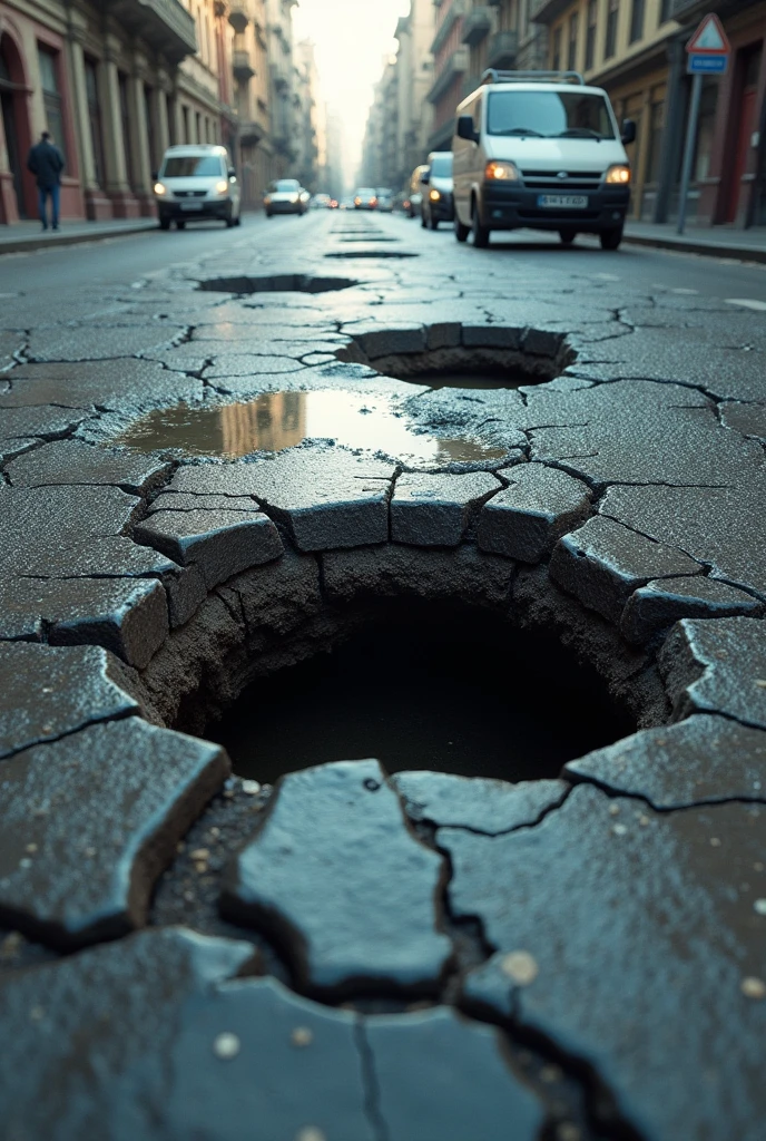 Picture a road with numerous large potholes scattered across its surface. The potholes are deep and uneven, with some filled with water. the road's condition is visibly rough, with cracked and damaged pavement surrounding the holes. The scene conveys a sense of neglect and difficult driving conditions.and a high amount of vehicles on the road.