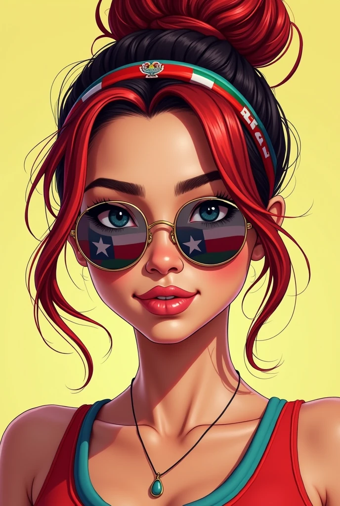 draw a illustrated portrait of a young woman with a stylish and vibrant appearance. She has red hair Tends to blackness tied up in a messy bun with some strands falling around her face. She is wearing a headband featuring the colors of the Hispanic Heritage Month flag, which matches her round sunglasses that also display the same flag colors. Her expression is neutral, and she is dressed in a sleeveless top. The overall style has a modern and trendy vibe with a hint of national pride.