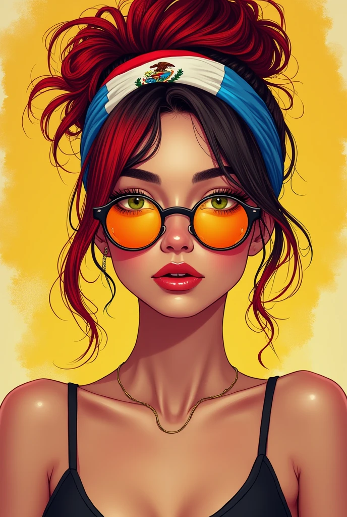 draw a illustrated portrait of a young woman with a stylish and vibrant appearance. She has red hair Tends to blackness tied up in a messy bun with some strands falling around her face. She is wearing a headband featuring the colors of the Hispanic Heritage Month flag, which matches her round sunglasses that also display the same flag colors. Her expression is neutral, and she is dressed in a sleeveless top. The overall style has a modern and trendy vibe with a hint of national pride.