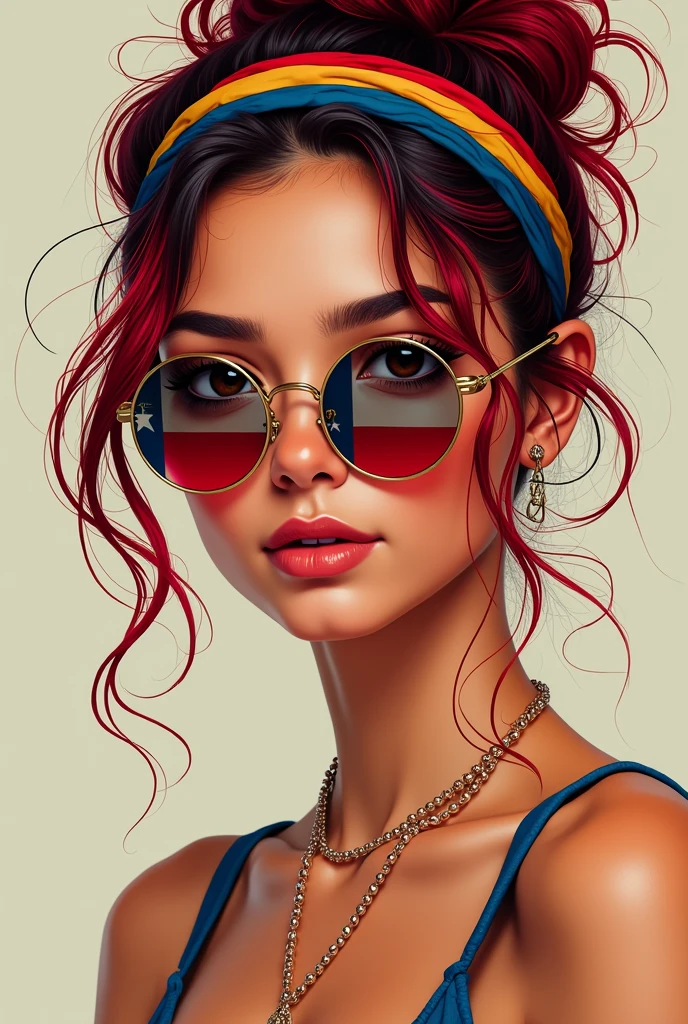 draw a illustrated portrait of a young woman with a stylish and vibrant appearance. She has red hair Tends to blackness tied up in a messy bun with some strands falling around her face. She is wearing a headband featuring the colors of the Hispanic Heritage Month flag, which matches her round sunglasses that also display the same flag colors. Her expression is neutral, and she is dressed in a sleeveless top. The overall style has a modern and trendy vibe with a hint of national pride.