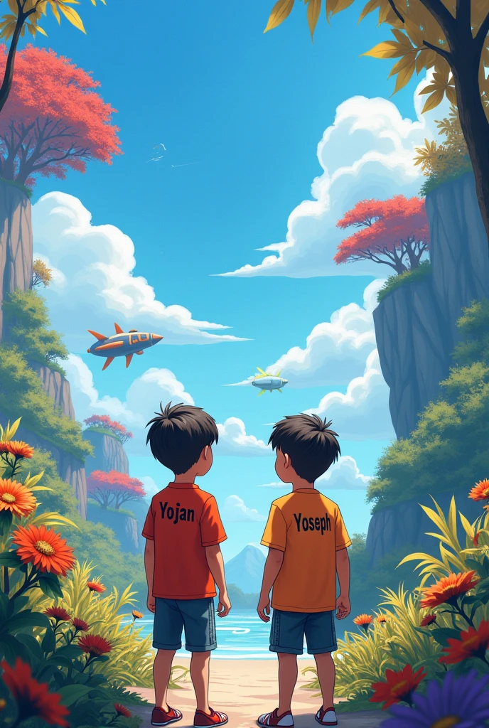 Two male children with the name Yojan and Yoseph on the shirts the one with the name Yoseph having brown skin and the one with the name Yojan with white skin in futuristic anime mode in beautiful landscape