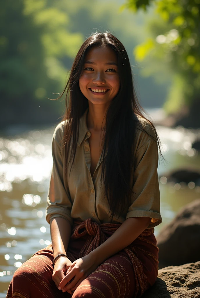 Photorealism 1.4 realistic realism high detailed definition Malaysian orang asli beautiful women wearing shirt sarong at river swimmingsmile face straight long hair morning mode sitting at rock river sunlight and silhouette