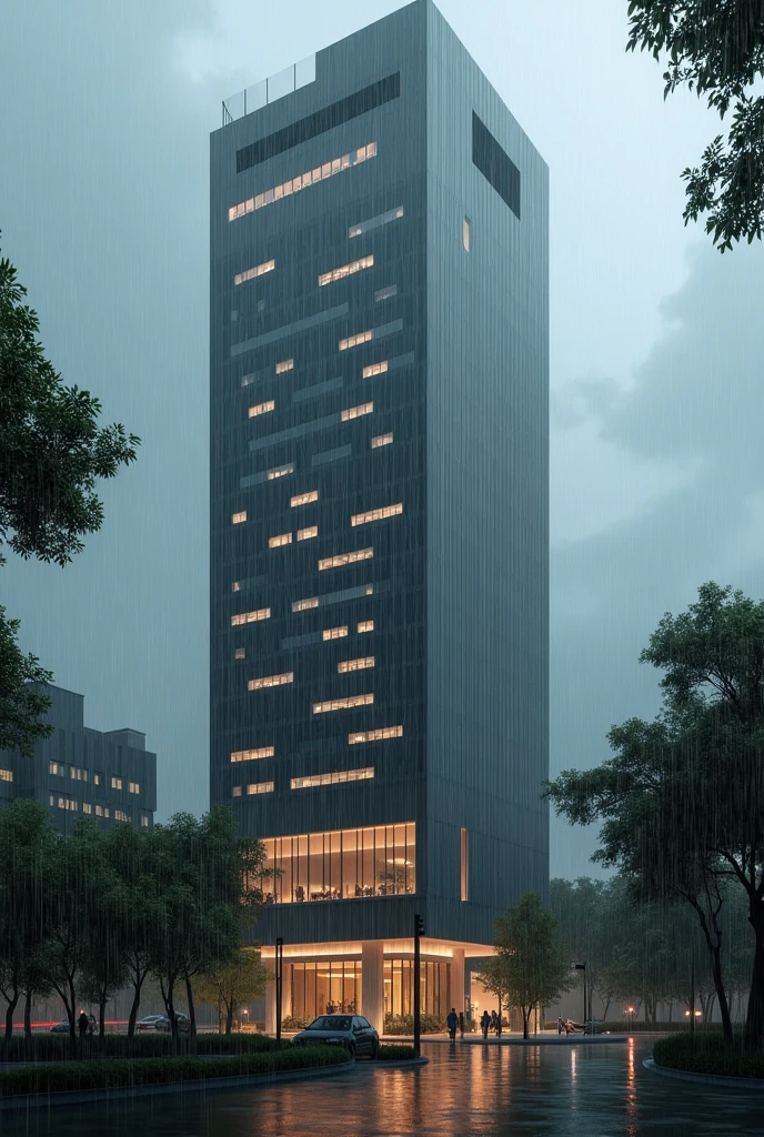 A realistic picture of a tall & modern concrete building, in an indian city, beautiful background of raining.