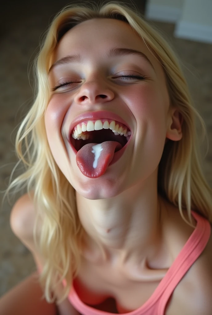 Japanese woman, beautiful girl, gal, blonde, baby face, highest quality realistic skin, eyes in focus, 20 years old, sticking out tongue, focus on mouth, open mouth, long tongue, saliva, open mouth wide, inside of mouth visible, open mouth and sticking out tongue 