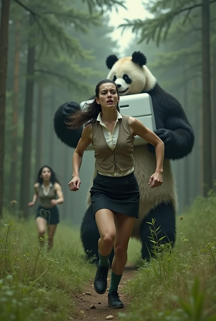 ((Highest quality)), ((Woman with pigeons on her head)), ((Giant panda holds up a refrigerator with both hands)), (Angry Giant Panda), A giant panda chases after you, A pigeon-headed woman sprints away from a giant panda, A pigeon-headed woman is wearing an off-white collared short-sleeved shirt, a light brown vest, a knee-length black skirt, dark green socks and black shoes., Muscular pigeon-headed woman, The background is a grassy forest, ((horror movie posters)), Photorealistic images,