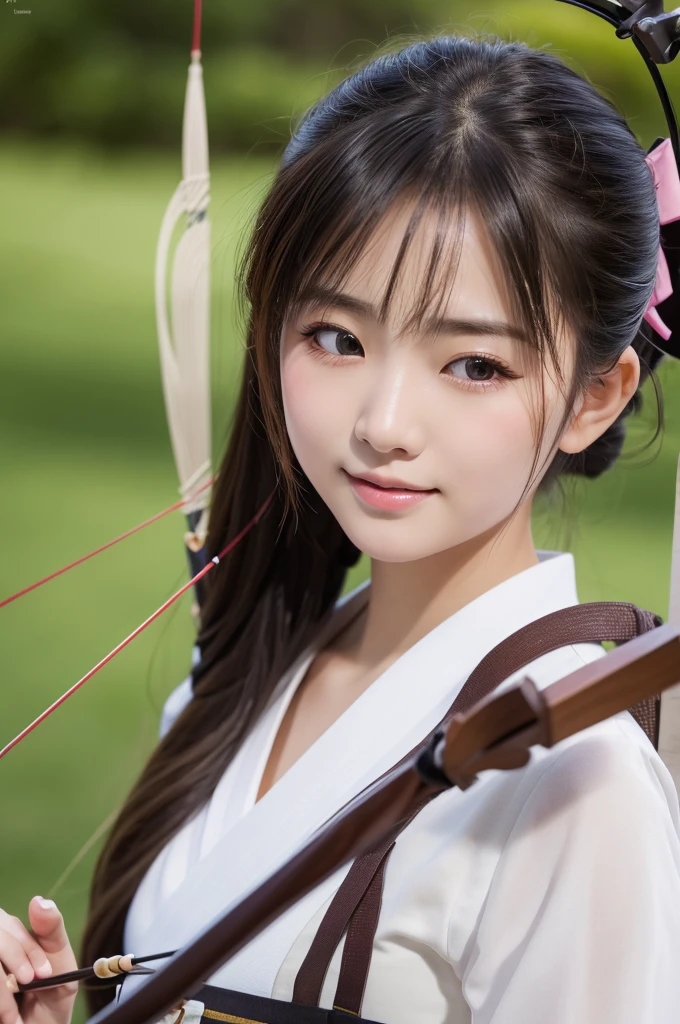 8k, RAW photo, best quality, masterpiece:1.2), (realistic, photo-realistic:1.4), (extremely detailed 8k wallpaper), japanese 20 age woman,Ultra-detailed cute face, Detailed eyes, Double eyelid,(kyudo:1.2), bow and arrow, target board,one eye closed, standing, (holding a bow and arrow:1.2), (look target:1.2),full body,smail face