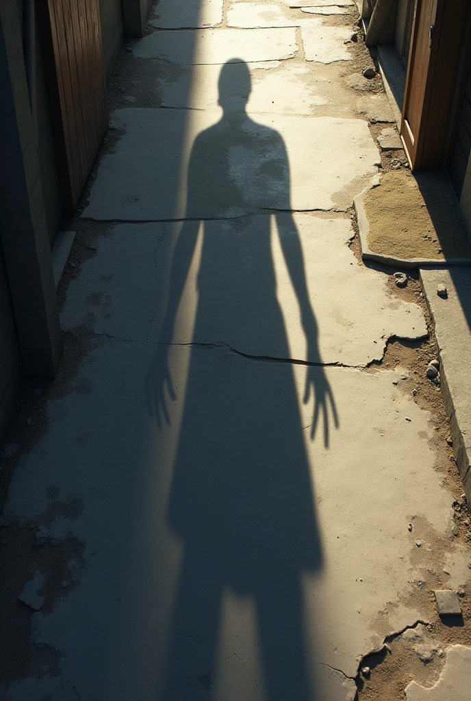 Create a drawing where the character is someone's shadow on the ground of a place (the person does not appear in the image)